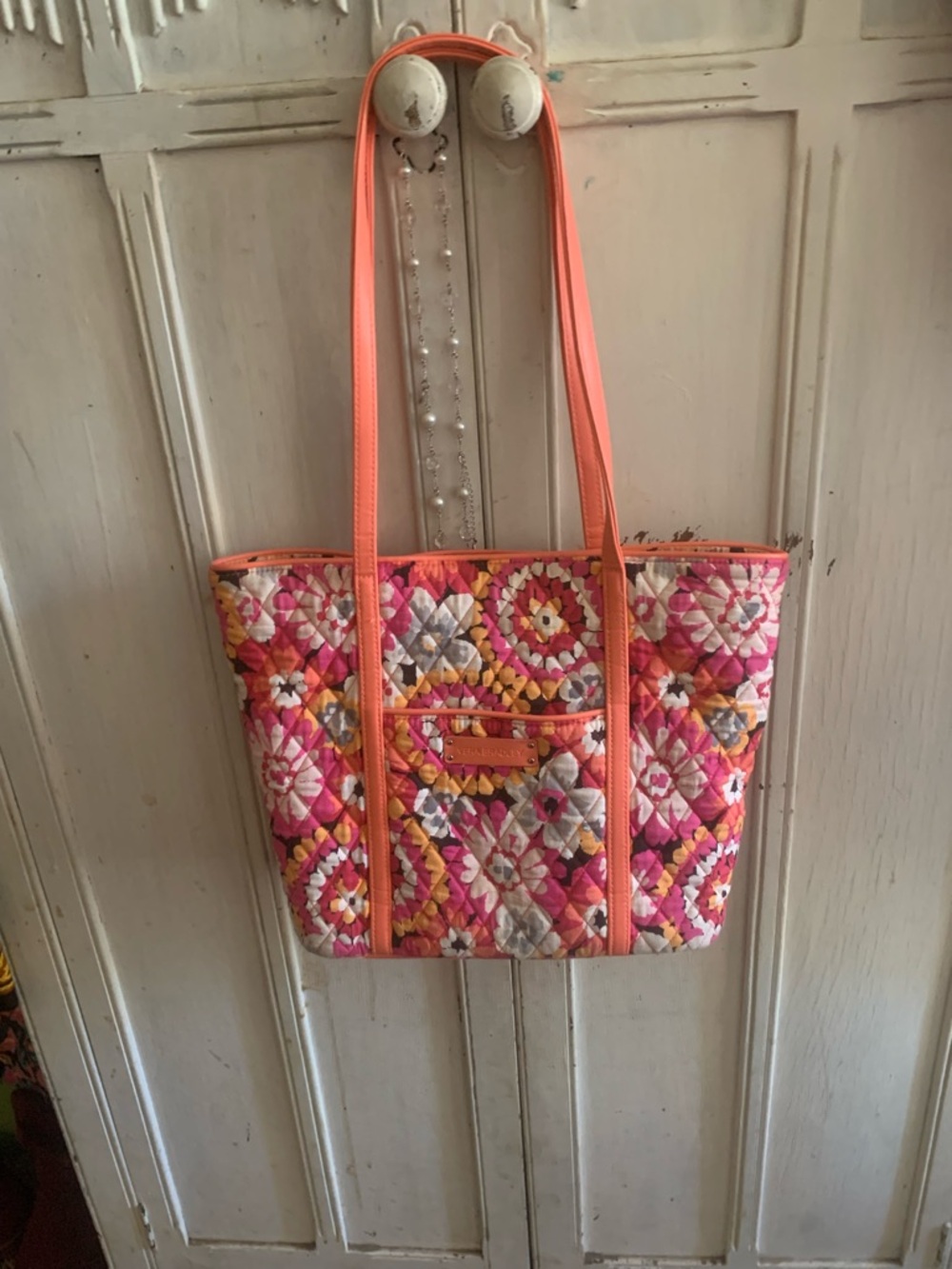 Vera Bradley Quilted Floral Mosaic Tote in Coral Pink and Yellow
